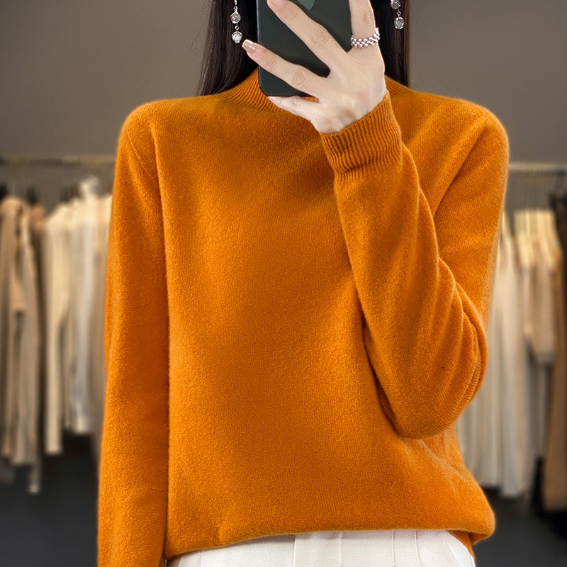 100%純毛セーター、ワンライン仕立て、シームレス、女性用ハーフタートルネック、ゆったりとしたニットセーター、シンプルな通勤スタイル