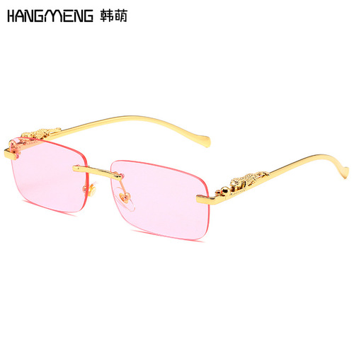  New Fashionable Men's and Women's Frameless Sunglasses Retro Square Metal Cheetah Sunglasses Manufacturer Wholesale Cross-Border