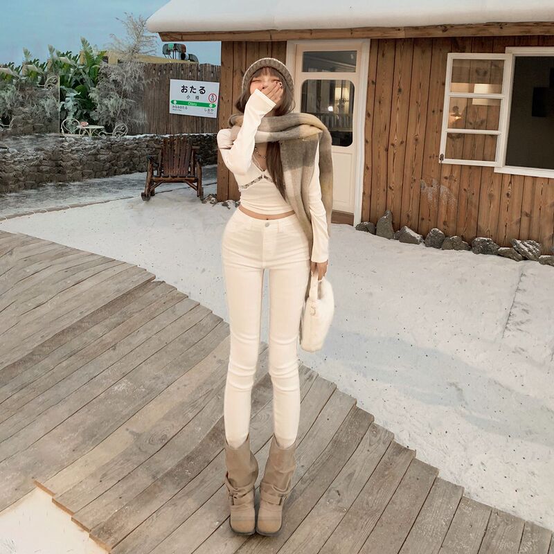 High-Waisted White Skinny Jeans for Women Winter 2025 New Style with Boots Slimming Look Casual Pencil Pants