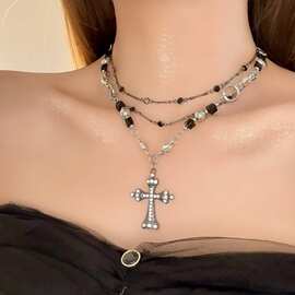 甜酷辣妹多层叠戴枪黑色十字架项链锁骨链女高级感choker颈链配饰