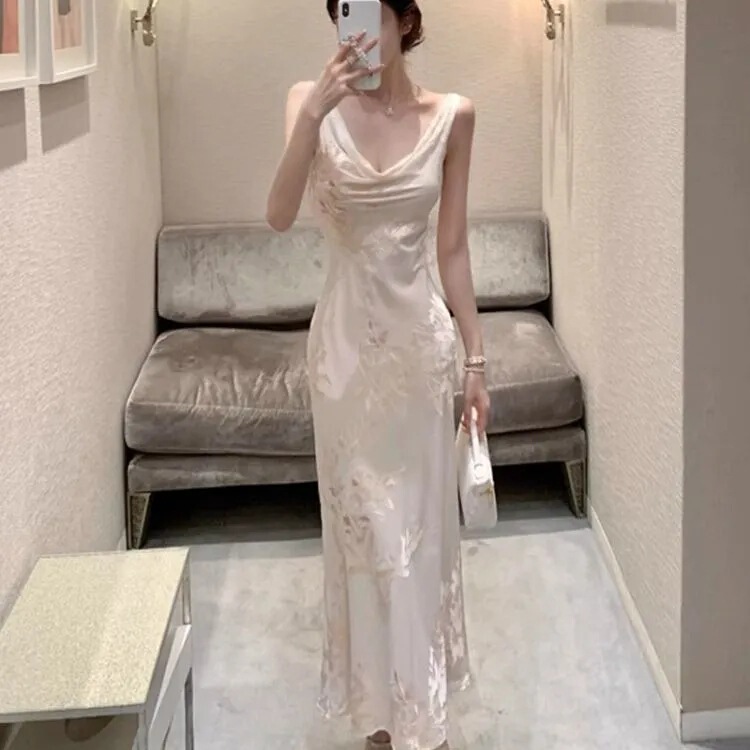 生日小礼裙高级感新中式礼服裙气质优雅长裙荡领提花吊带连衣裙女|undefined