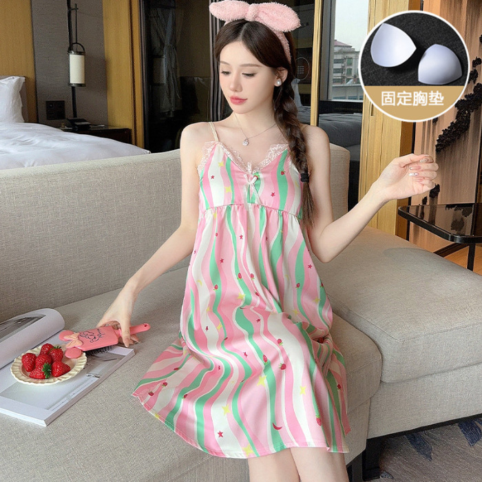 Alta sensación de tinta pintura cinta de pecho almohadilla de seda helada pijama de verano de mujer cabina sexy alta sensación pijama seda ropa para el hogar