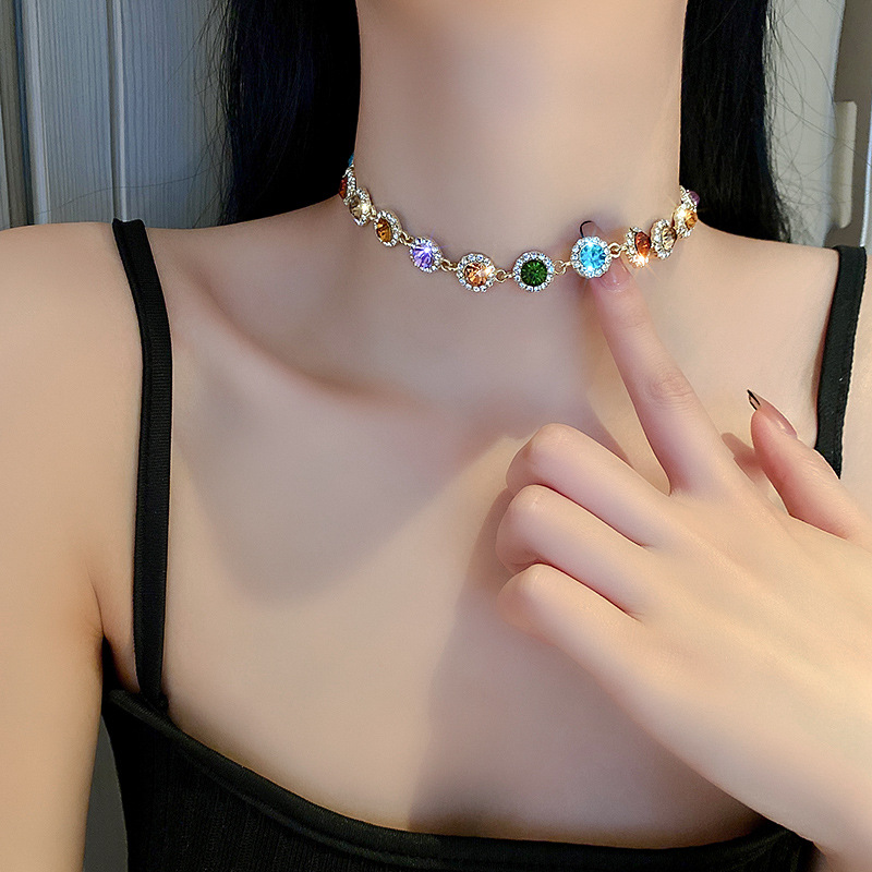wholesale jewelry colorful round inlaid rhinestone clavicle chain retro style necklace Nihaojewelry