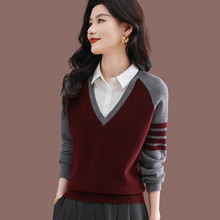 假两件拼色毛衣女2025年秋冬季新款洋气衬衫领上衣针织打底衫内搭