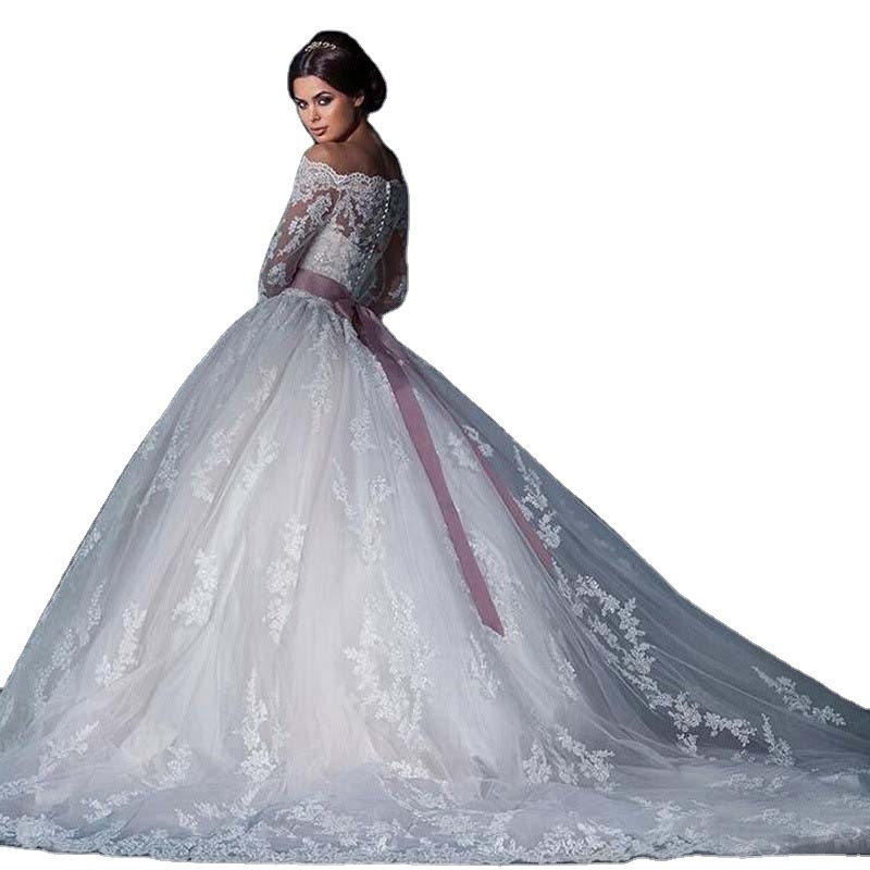 Wedding Dress 2025 New European and American Style Bride Wedding One-Shoulder Long-Sleeved Lace Tail Slimming Look Large Size