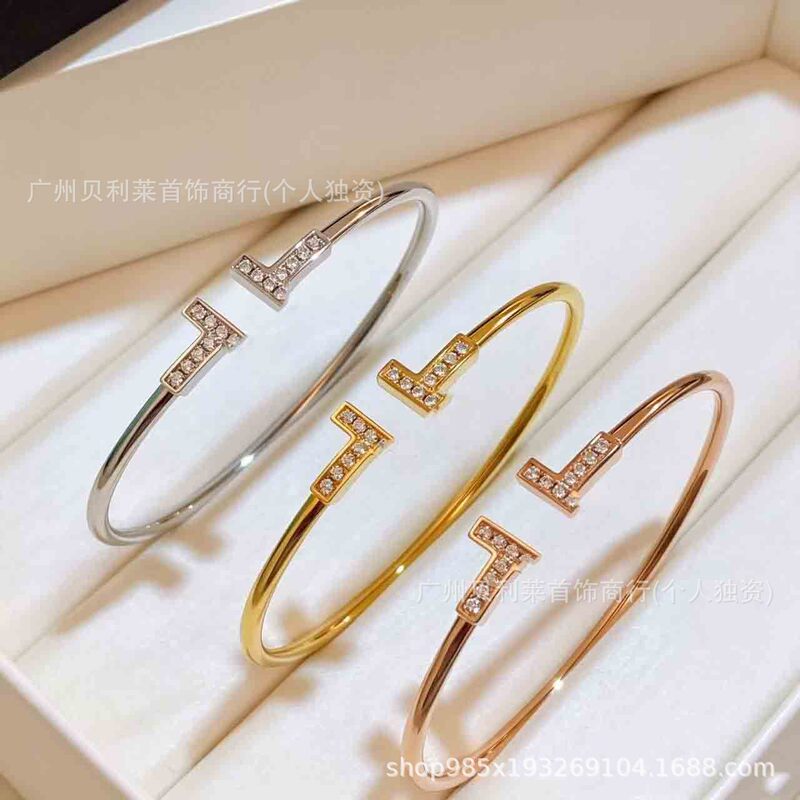 Classic Double-T Open Bracelet, with a Delicate Golden Luster, Natural Mother-Of-Pearl Inlaid with Diamonds, Versatile and Timeless for Everyday Wear