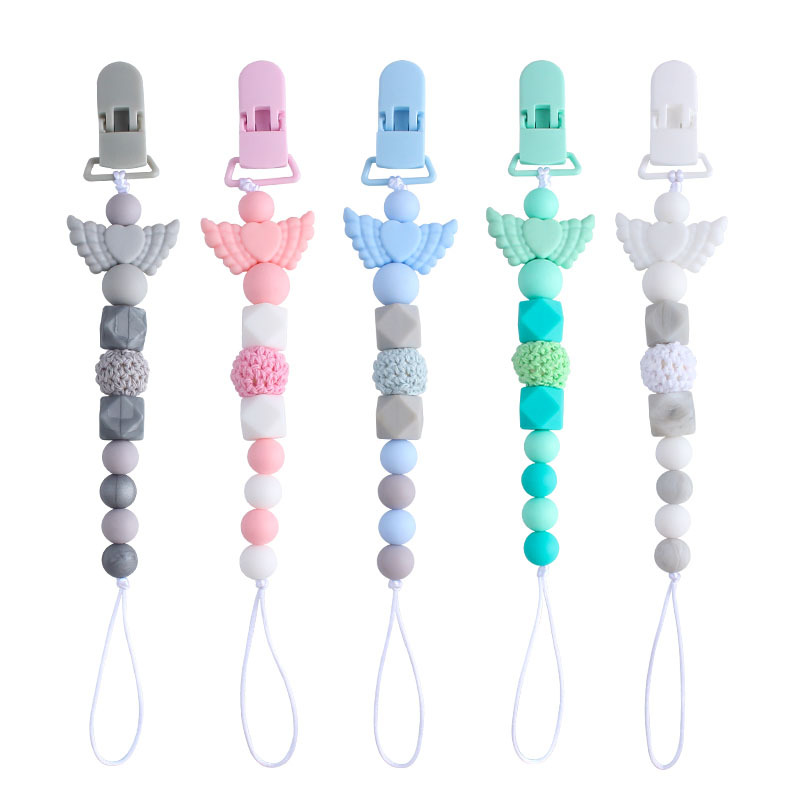 Bebé molar clip de pico de pato de juguete Ángel amor alas pluma cuentas de silicona mordedor chupete cadena anti-perdida