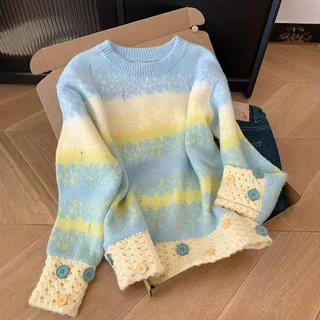 多巴胺渐变色圆领复古套头长袖宽松外穿毛衣女慵懒加厚针织衫上衣