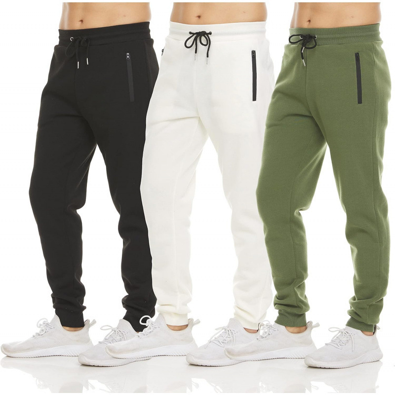 Cross-Border Men's 3-Piece Fleece Sports Workout Jogging Sweatpants Men with Zipper Pockets Drawstring Factory Wholesale