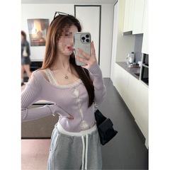 韩系假两件紫色针织打底衫女早春chic甜辣妹蕾丝花边内搭短款上衣