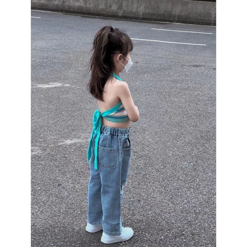 Women's Han Version Striped Short-Sleeve Off-the-Shoulder Mesh Backless Tank Top with Butterfly Bow Detail, Crop Top, and Ripped Jeans