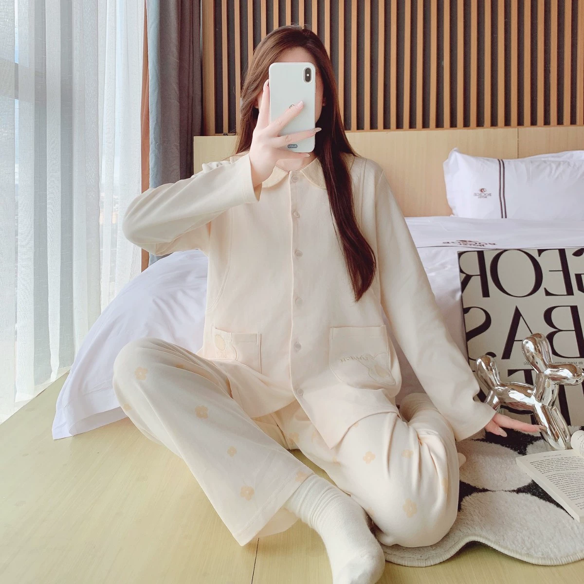 Пижамы для беременных, осенняя послеродовая одежда для сна из чистого хлопка, осенне-зимняя тонкая одежда для беременных и больниц, комплект с нагрудными подушечками