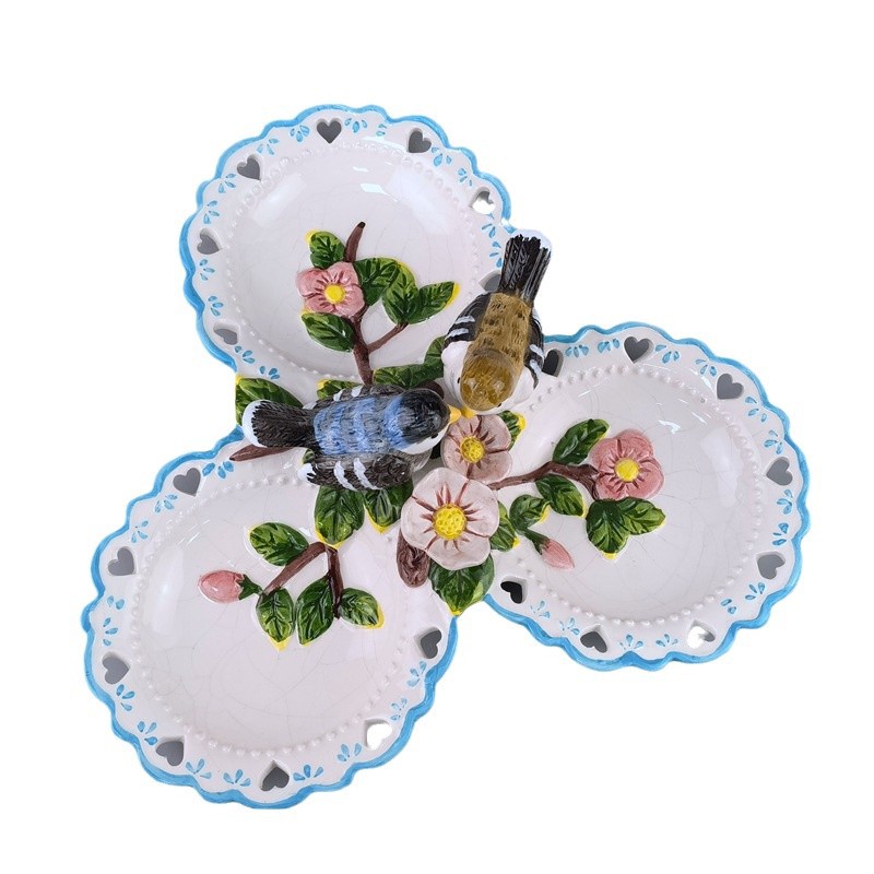 Decoración del hogar pastoral de estilo europeo Plato de tres compartimentos Plato separado de conejo y pájaro Plato de frutas secas Mesa de centro Mesa de comedor Plato de almacenamiento