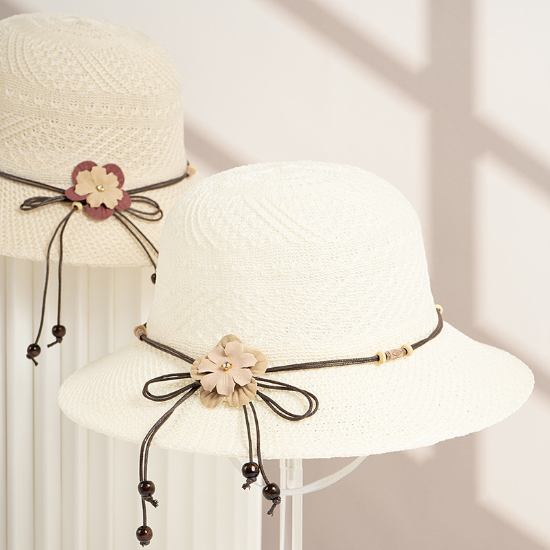 Hat Women's Summer 2022 New Fisherman Hat Leather Cord Flower Sun Protection Sun Hat Breathable Foldable Hat Women