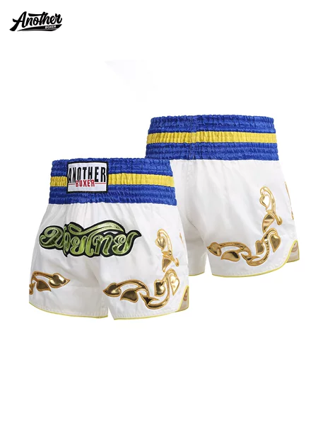 Anotherboxer White and Blue Boxing Shorts Thai Boxing Style Leather Embroidery Children's Thai Boxing Shorts Embroidered Version