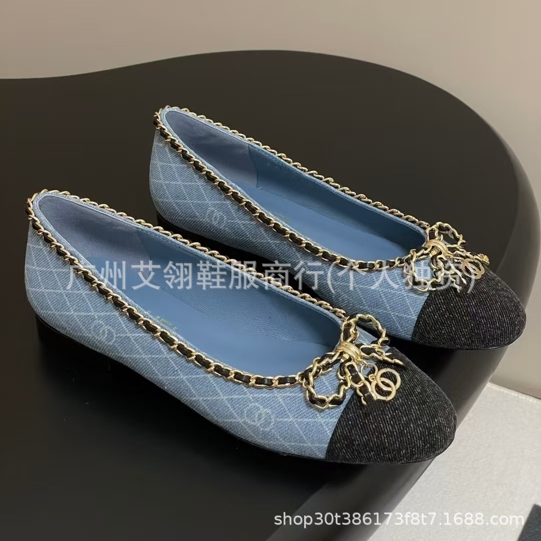 2025 Spring and Autumn New Style Small Fragrance Chain Bow Shoes Women's Cross-Border Flat Lazy Slip-On Ballet Shoes