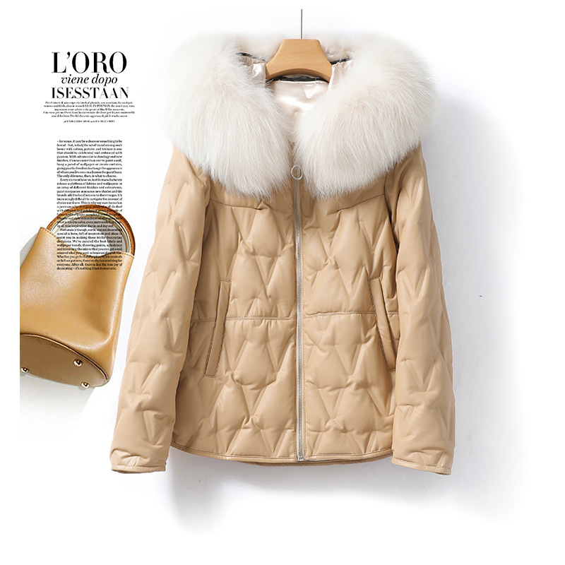 Down Jacket Women's Leather Jacket Short Style for Petite Women, Made of Sheepskin, 2025 Haining Genuine Leather, 90% White Duck Down, European and American Style