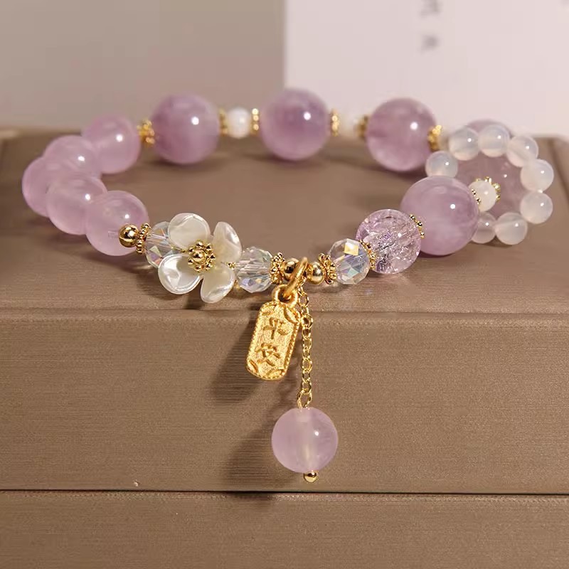ins korean style lavander purple chalcedony crystal bracelet single circle women‘s white agate blue flower bracelet