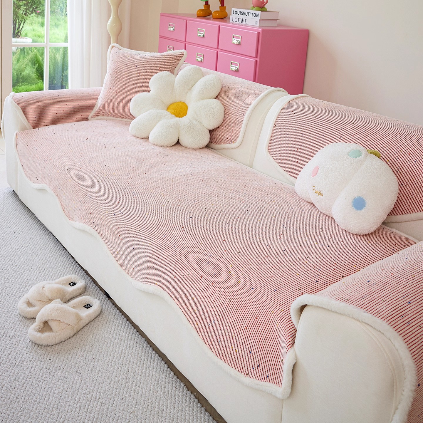 Girly Pink Sofa Cushion Thickeneded Chenille Fabric Non-Slip Cushion Dopamine Style Four-Season Universal Sofa Cover