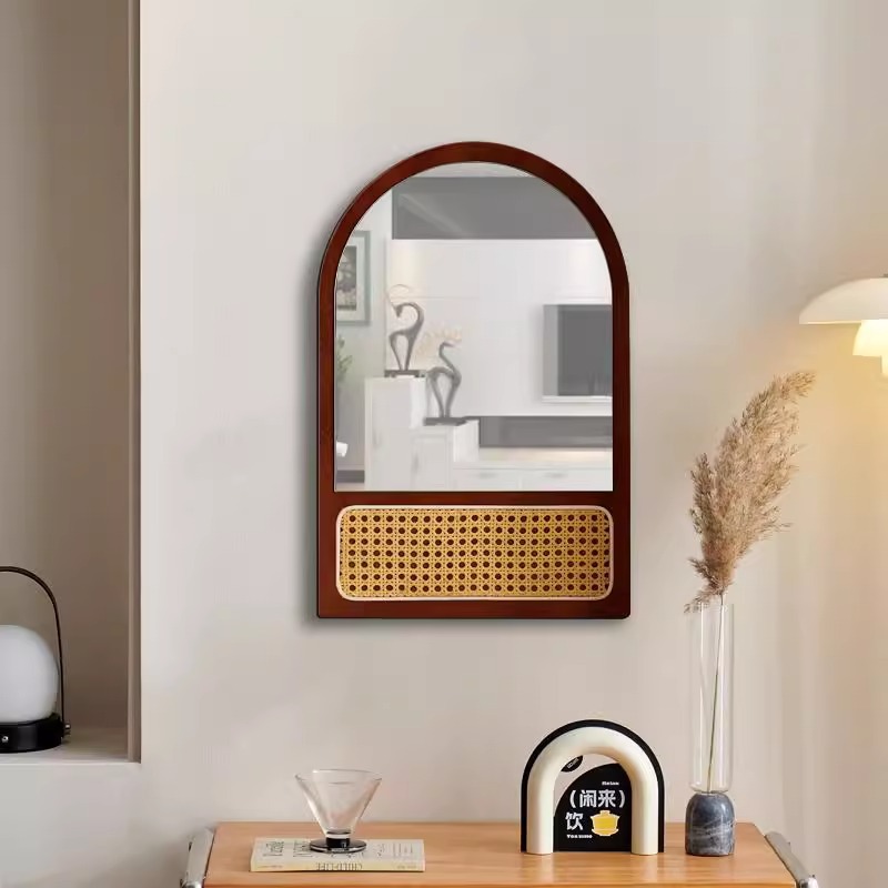 Espejo de maquillaje de madera retro dormitorio doméstico mirillo de caña mirillo de pared mirillo de escritorio mirillo de escritorio grande