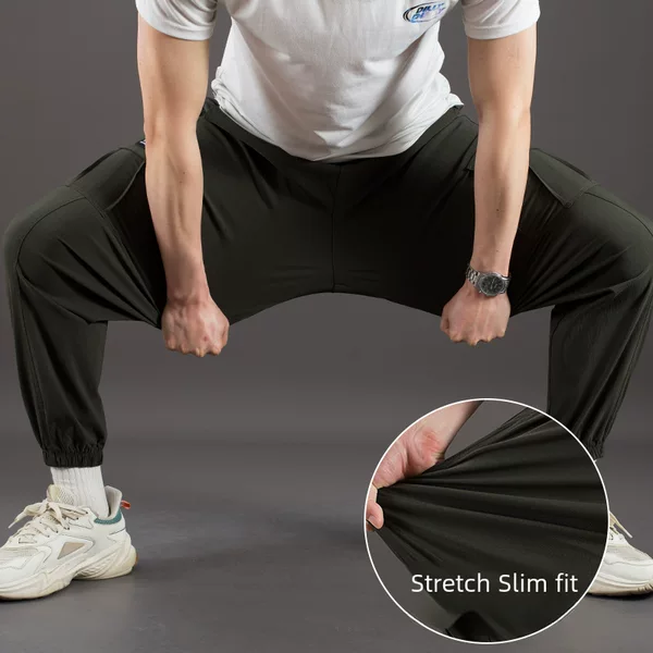 Spring and summer thin overalls men's high elastic work pants multi-pocket solid color loose toe casual high waist men's pants