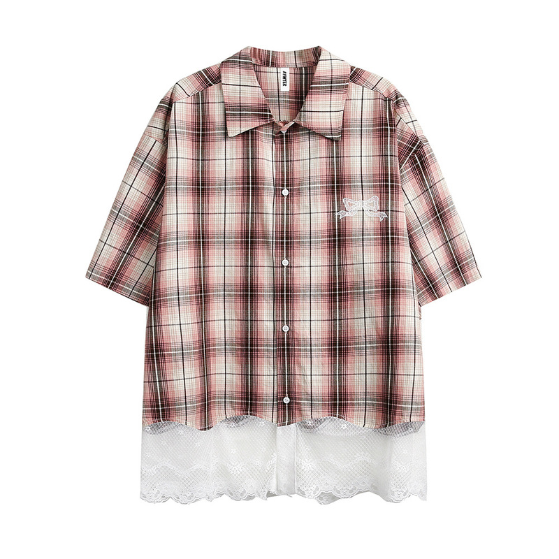 Aywter Fake Two-Piece Lace Splicing Plaid Short-Sleeved Shirt Summer Pure Cotton Couple Plaid Shirt Cs103