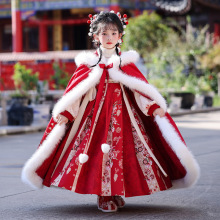 冬季古装拜年服套装加绒加厚儿童唐装中国风斗篷连衣裙女童新年装