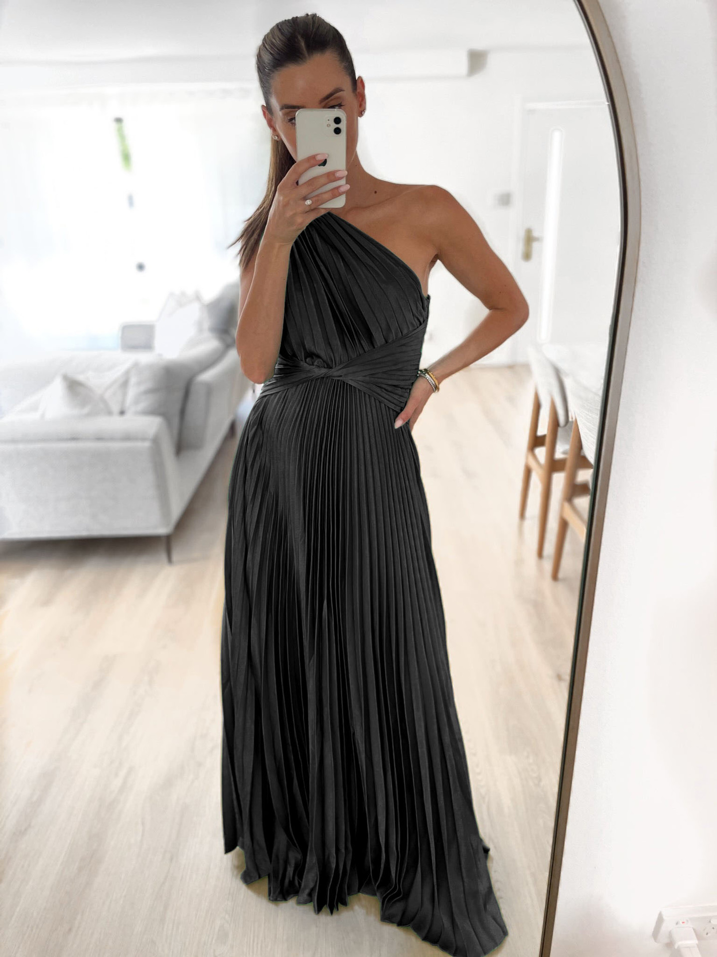 Pleated Design Elegant Style Wholesale Women'S Elegant Pleated Stripe Solid Color Daily Off Shoulder Sleeveless A-Line Skirt
