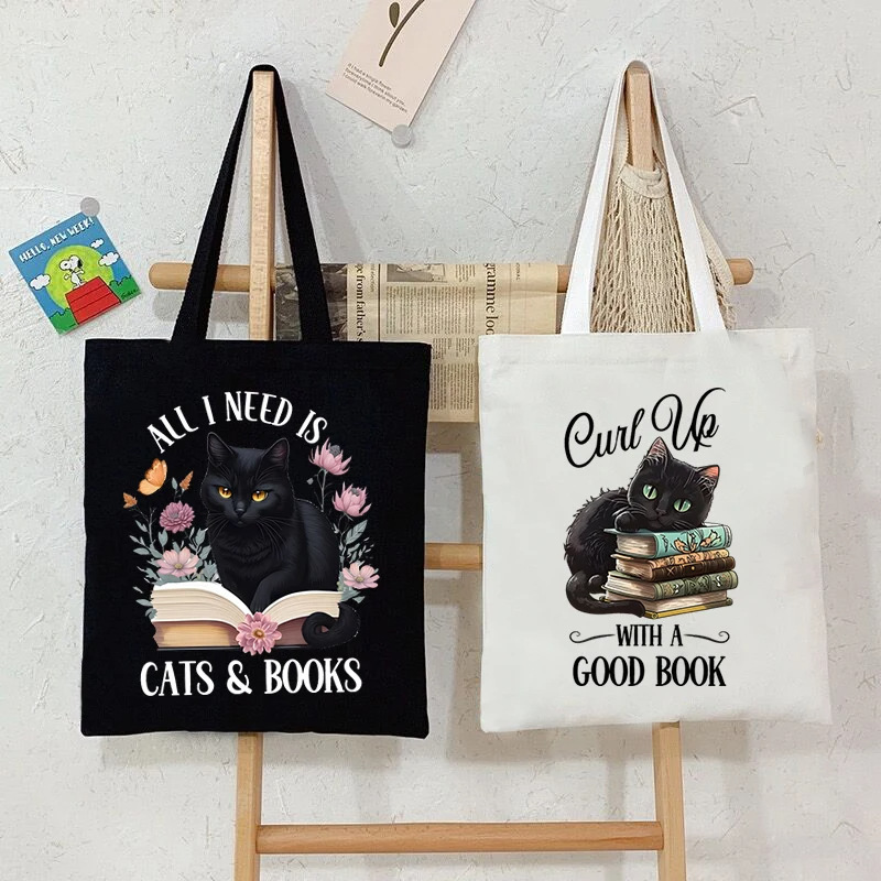 Black Cat a Cloth Handbag for Men and Women Tote Bag Cartoon Shopping Print Books Sail Shoulder Bag 01