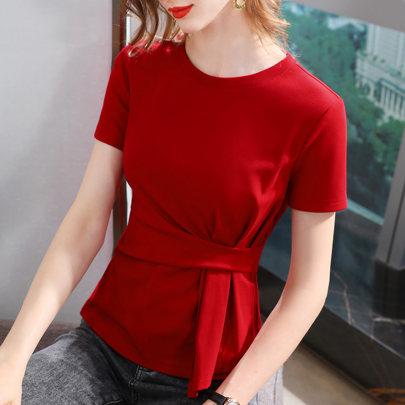 Camiseta de manga corta para mujer verano 2023 nueva Camiseta de algodón de cuello redondo de color sólido para mujer diseño ajustado a la cintura paraguas TOP que cubre el vientre image 3