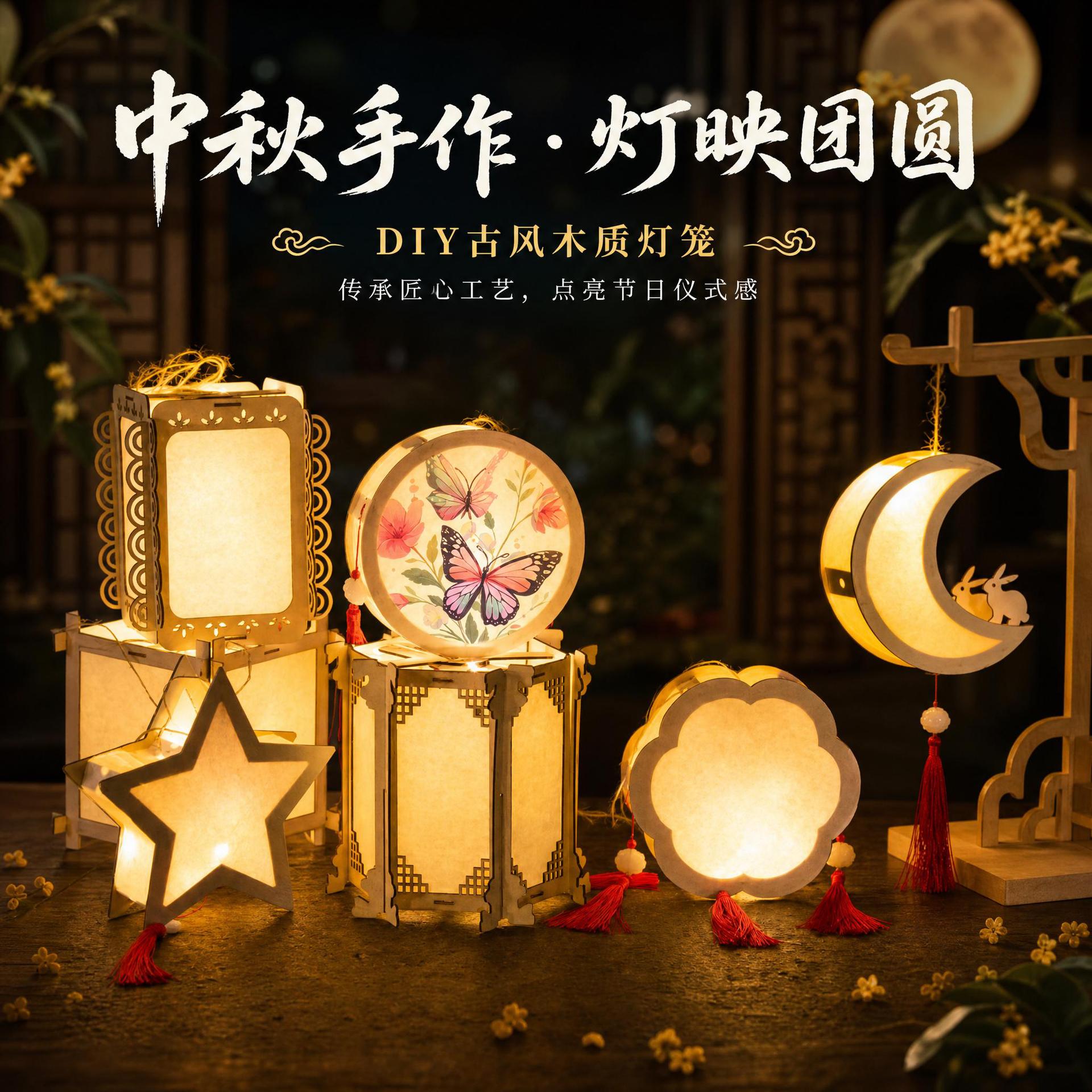 中秋节宣纸灯笼儿童创意古风手提灯手工diy材料包木质工艺品宫灯