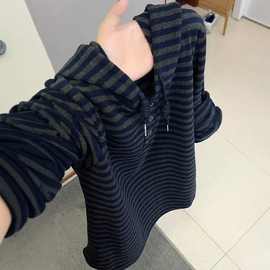 韩系穿搭条纹连帽长袖卫衣女秋季休闲打底衫撞色内搭上衣