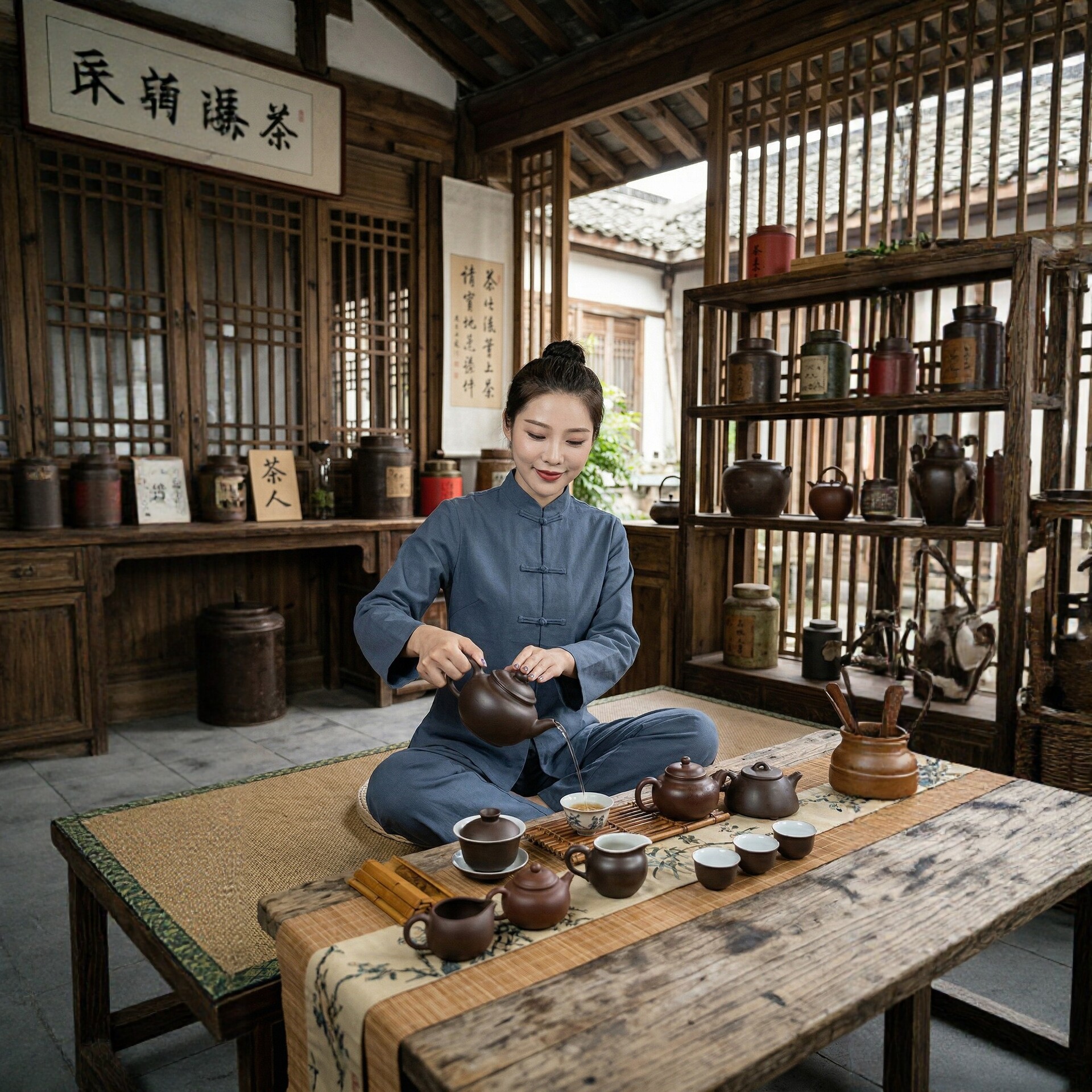 新中式涤棉麻禅修服女春秋季宽松盘扣茶服居士服瑜伽套装大码国风