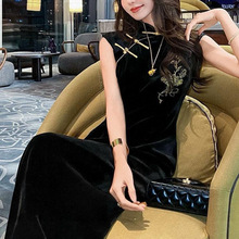 新中式国风重工刺绣真丝绒旗袍连衣裙秋冬新款收腰显瘦高级感长裙