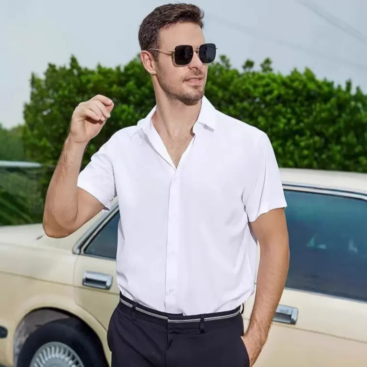 欧美跨境夏季亚马逊男士衬衫纯色短袖新款翻领免烫四面弹力衬衫男