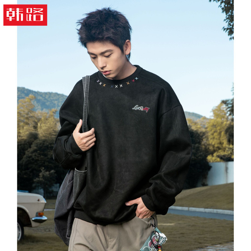 Three-Dimensional Segmented Structure Faux Suede Round-Neck Sweatshirt Autumn Colorful Embroidered Pullover Trendy Brand Oversized Jacket Q