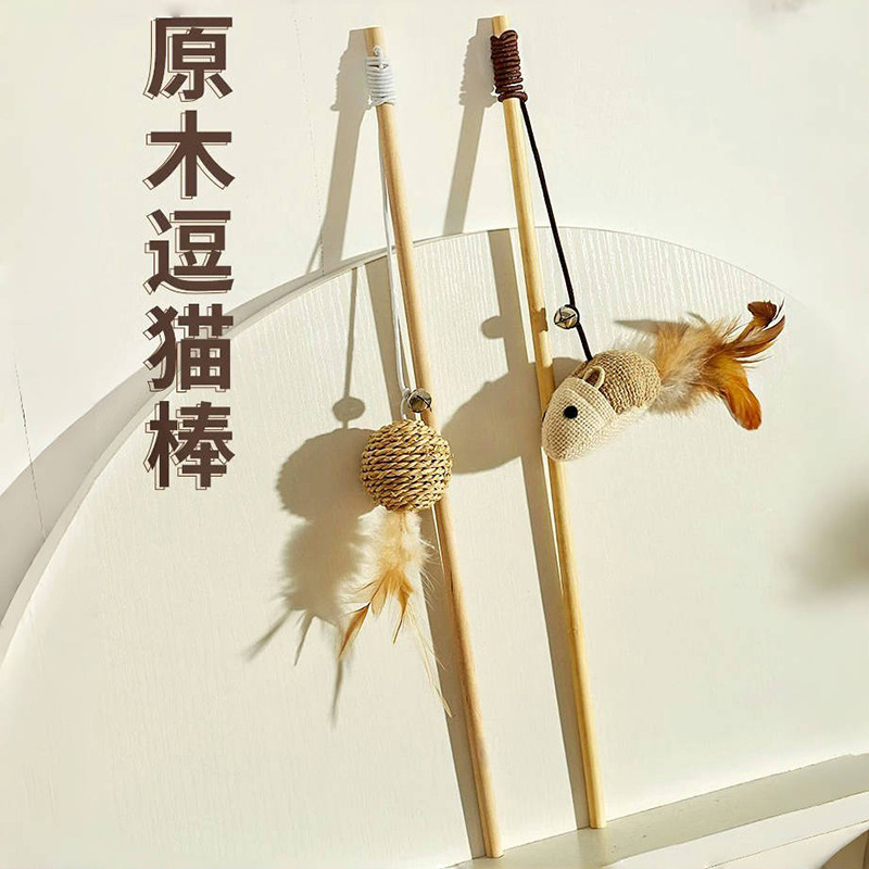 Varilla de madera hecha a mano al por mayor de la fábrica con el juguete del gato de la bola de la cuerda de papel de Bell con el ratón de lino de la pluma