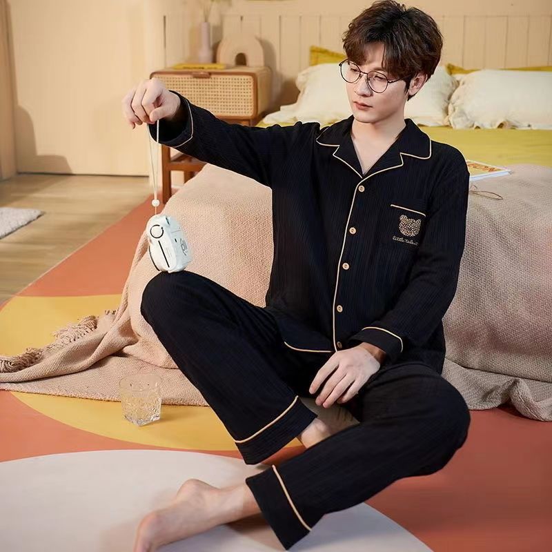 Algodón pesado para aumentar pijamas de manga larga para hombres cómodos jóvenes de mediana edad primavera otoño invierno ropa para el hogar