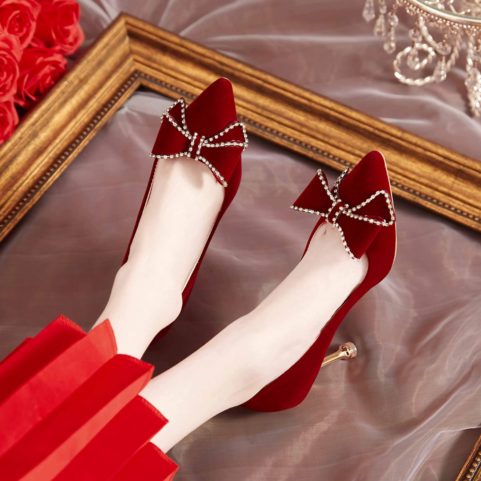 Свадебная обувь женская 2024 новая женская обувь винно-красный каблук на каблуках не устал