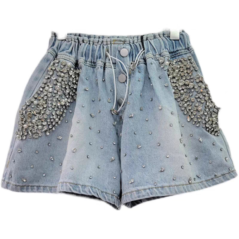 Estación Europea 2023 nueva industria pesada europea estrellado diamante alta cintura adelgazamiento pierna ancha pantalones cortos de mezclilla las mujeres image 6