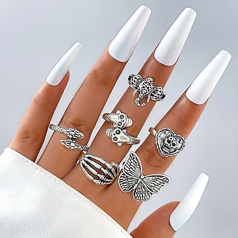 Ring Set, Retro Ethnic Style, 7-Piece European-Inspired Silver-Tone Stackable Rings
