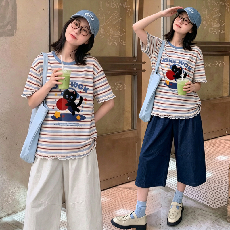 Maternity cropped pants set for summer, petite striped t-shirt top, casual and simple, suitable for commuting, Korean style Maternity cropped pants set for summer, petite striped t-shirt top, casual and simple, suitable for commuting, Korean style