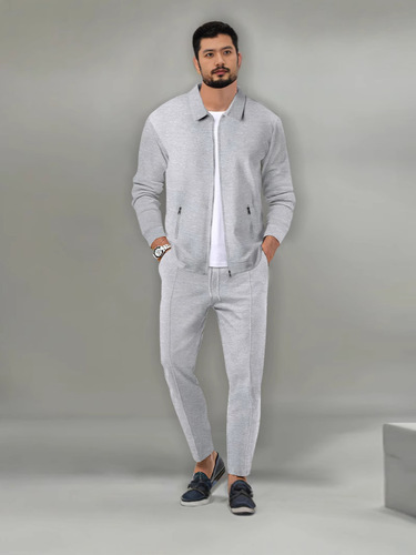Men's casual sports suit autumn green zipper waffle pocket lapel slim coat casual pants