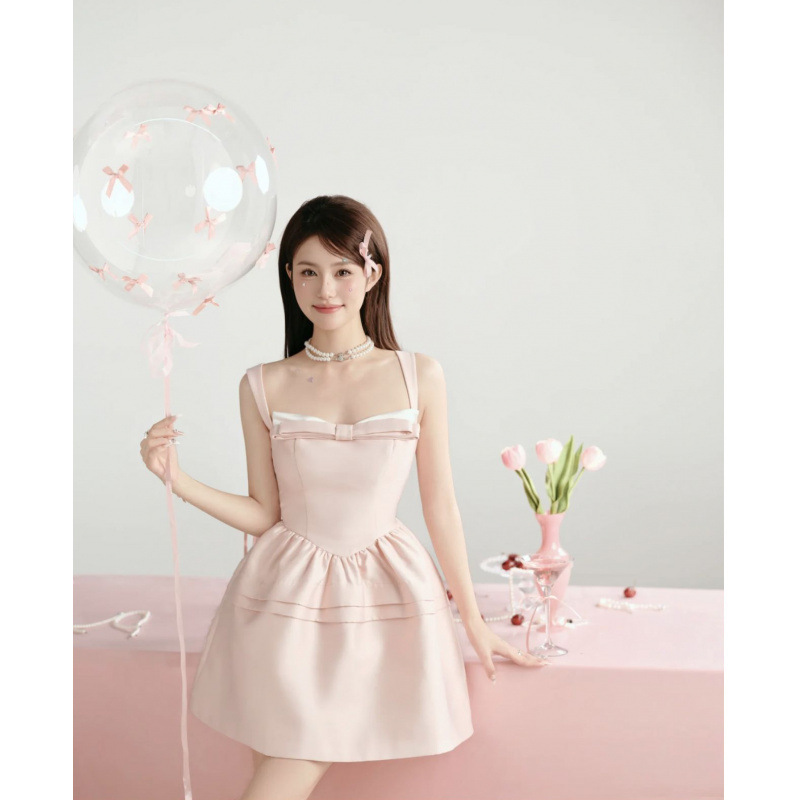 Real shot in stock acetic acid stitching imitation silk wool light dress suspender dress