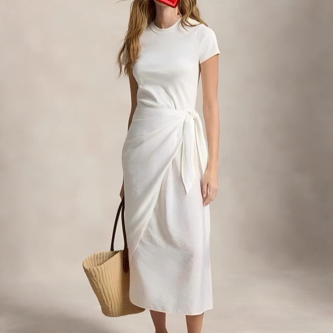 R~High-End Version of the Tie-Up Style Women's Patchwork Dress, New Summer Short-Sleeve Thin Style, Faux Wrap T-Shirt Style Dress