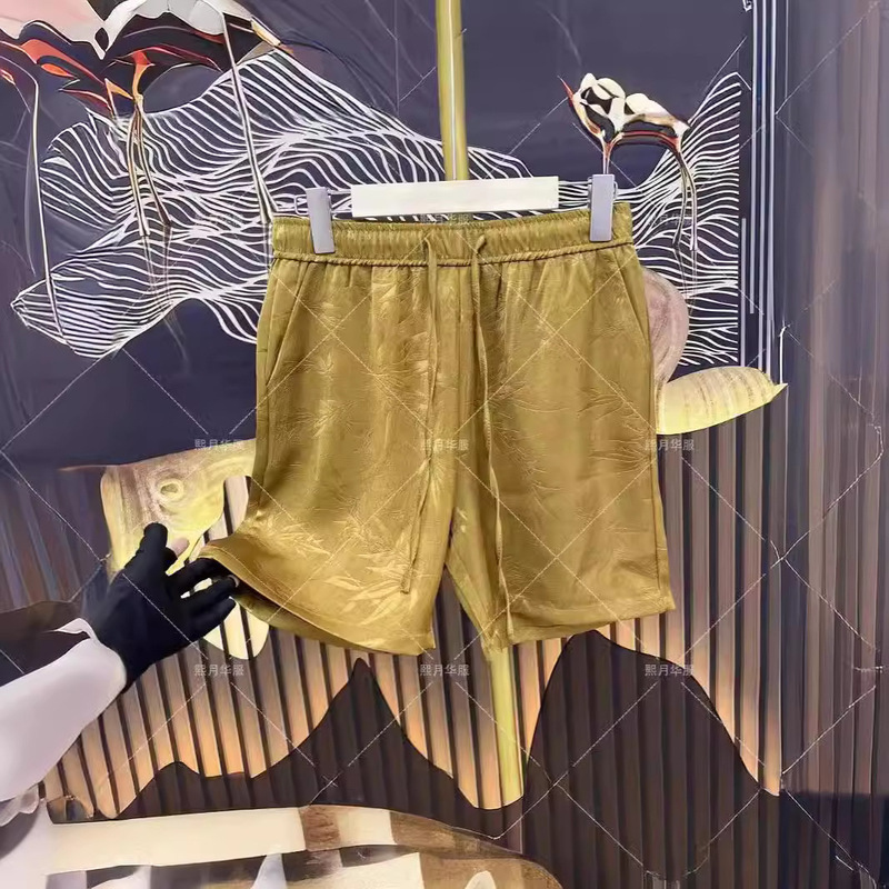 Fashionable Versatile Shorts with Embossed Gold Bamboo Pattern, Summer Wide-Leg Women's Slimming Elastic Waist Shorts Fashionable Versatile Shorts with Embossed Gold Bamboo Pattern, Summer Wide-Leg Women's Slimming Elastic Waist Shorts