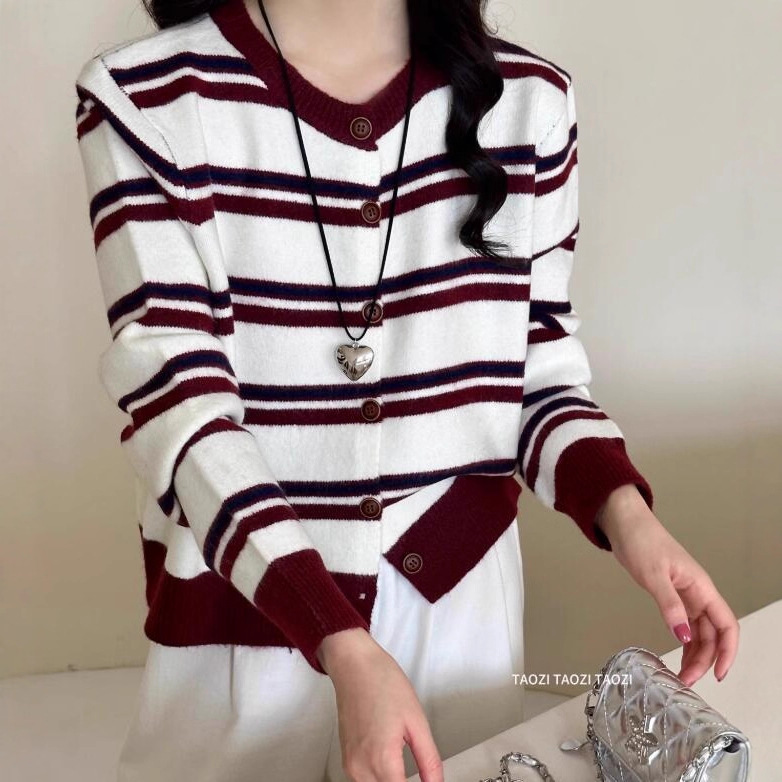 Korean Style Stripesd Contrasting Color Knitted Cardigan for Women 2025 Spring & Fall New Loose Small Sweater Jacket Versatile Top Korean Style Stripesd Contrasting Color Knitted Cardigan for Women 2025 Spring & Fall New Loose Small Sweater Jacket Versatile Top