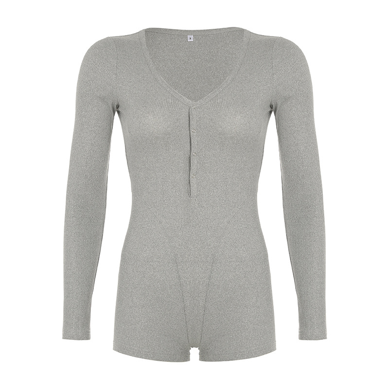 Autumn Winter Women Clothing Solid Color Buttons Deep V Plunge neck Sexy Sports Workout Long Sleeve Romper