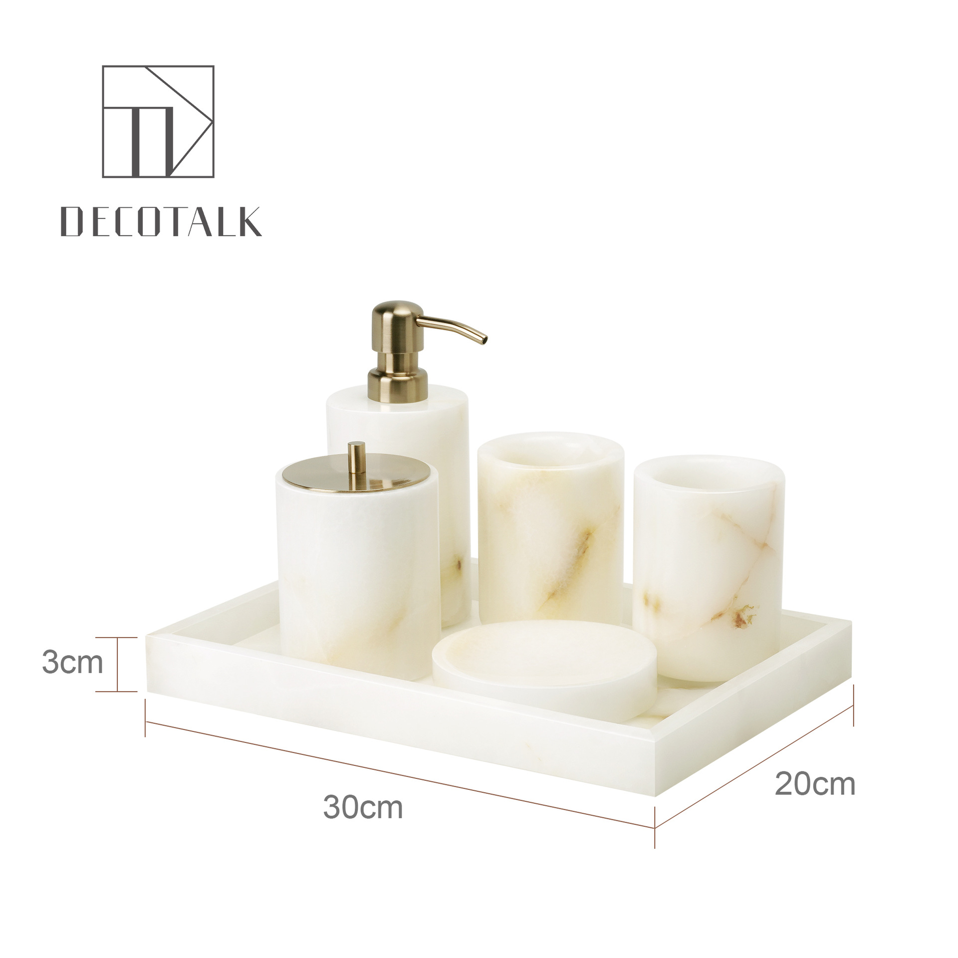 DecoTalk, lujo ligero, estilo antiguo, jade blanco, mármol natural, kit de lavado de baño, bandeja de caja de pañuelos de aromaterapia