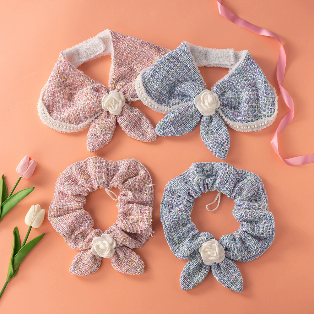 Новый домашний французский стиль Шанель Цветочный клетчатый твидовый шарф Шарф для домашних животных Кошка Собака Осень и зима Теплая жемчужина